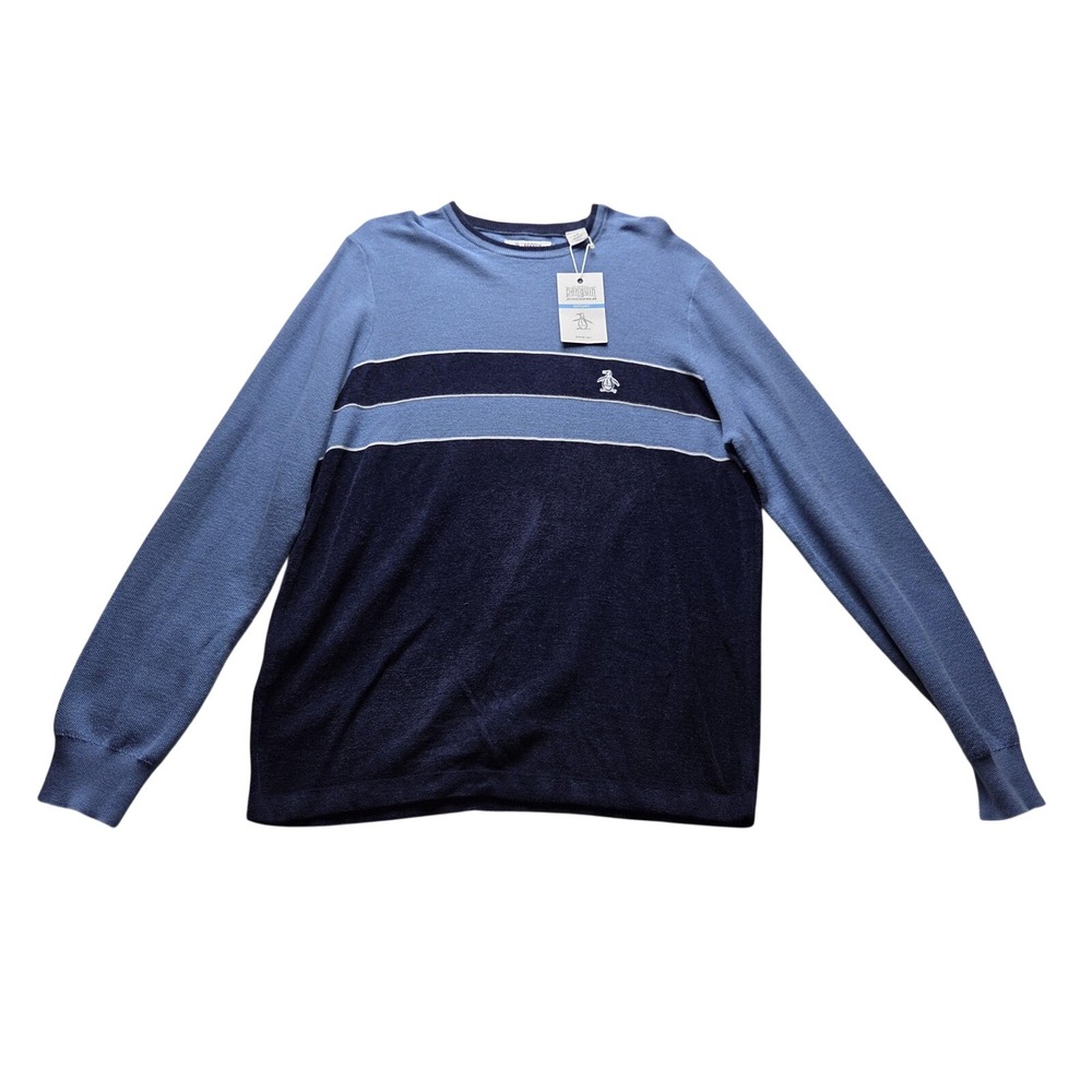 Original Penguin Sweater Mens Large Blue Stripe Crewneck Knit Pullover Sport